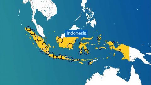 A GPW több száz nem dokumentált és illegális telephelyet talált Indonézia-szerte, körökkel jelölve.